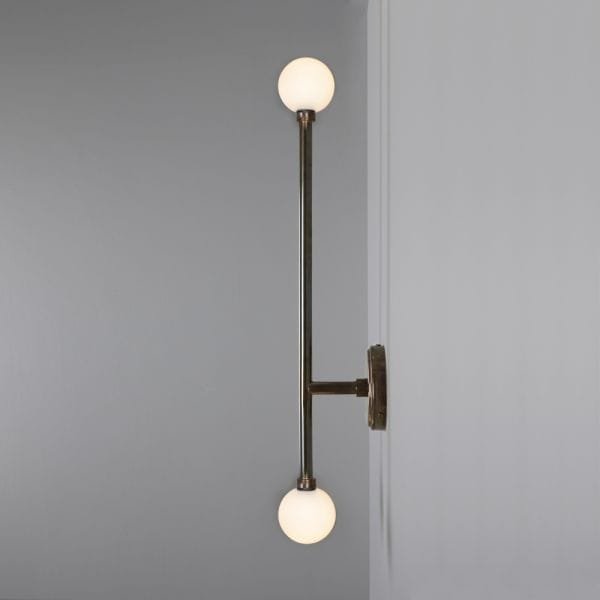 Gunning Double Globe Slim Bathroom Wall Light 71cm IP44 Glass Bathroom Wall Sconces Great Lighting UK Ltd